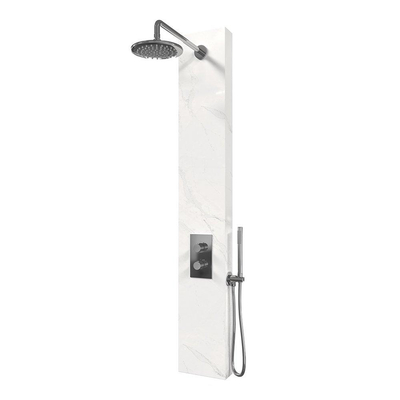 BRAUER Chrome Edition panneau de douche thermostatique - 2 fonctions - calacatta gold SET 01 - douche de tête 20cm - bras mural courbé - douchette barre - coude de raccordement mural - flexible de douche - chrome