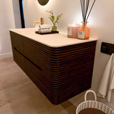 Mondiaz CIRO-DLUX Badkamermeubelset - 130x45x50cm - Solid surface wastafel Meli - 1 wasbak Links - 1 kraangat - 4 lades - Walnut