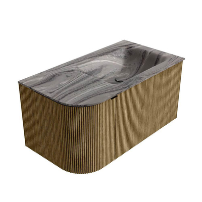 MONDIAZ KURVE-DLUX Meuble de salle de bains 85 cm arrondi à gauche couleur Dusk avec 1 tiroir et 1 porte. Plan-vasque CLOUD à droite sans trou de robinetterie Sombra.