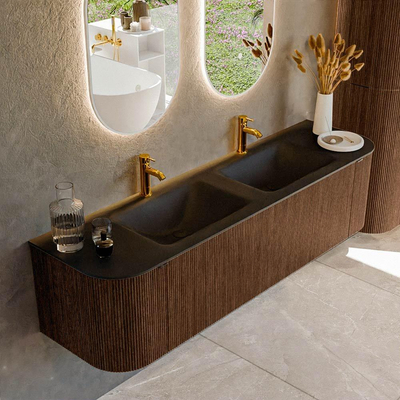 MONDIAZ KURVE 170cm Meuble salle de bain avec module 25 G et D - couleur Walnut - 1 tiroir - 2 portes - vasque CLOUD double - 2 trous de robinet - Urban