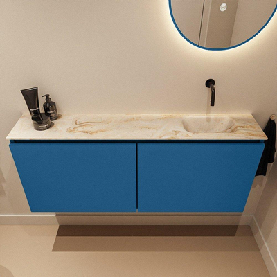 MONDIAZ TURE-DLUX Meuble de toilette 120cm Jeans. EDEN lavabo Frappe position droite. Sans trou de robinet.