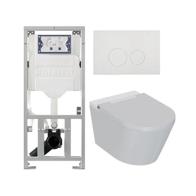 QeramiQ Luma Ensemble WC-douche - réservoir encastré Geberit UP320 - avec châssis Burda - sèche-cheveux - douchette féminine - plaque de commande métallique blanche mate - boutons ronds - blanc brillant