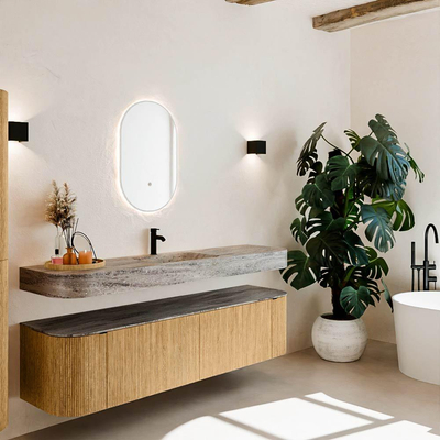 MONDIAZ THOR-DLUX 180cm meuble de salle de bains arrondi gauche + droite couleur Oak avec 2 tiroirs et 2 portes. Vasque suspendue CLOUD Milieu 1 trou de robinet couleur Oza.