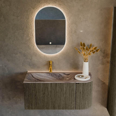 MONDIAZ KURVE-DLUX Meuble de salle de bains 95cm arrondi à droite couleur Shadow avec 1 tiroir et 1 porte. Lavabo BIG SMALL gauche 1 trou de robinet Sombra.