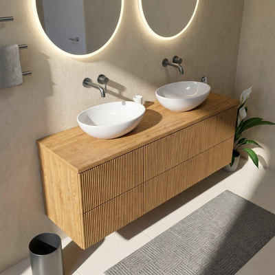 Saniclass Holz Atelier Ensemble de meubles de salle de bains - 160x45x62cm - plan de toilette en bois - sans trou de robinet - 4 tiroirs - chêne natural mat (bois)
