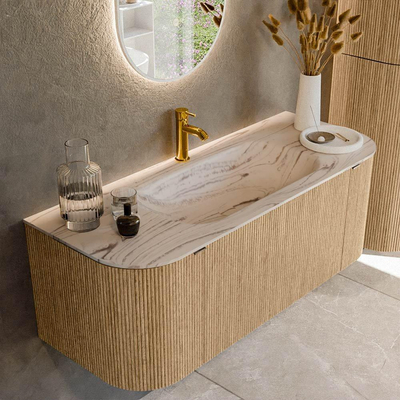 MONDIAZ KURVE-DLUX 120cm badmeubel ronding Links + Rechts kleur Oak met 1 lade en 2 deuren. Wastafel BIG SMALL Midden 1 kraangat Nata.