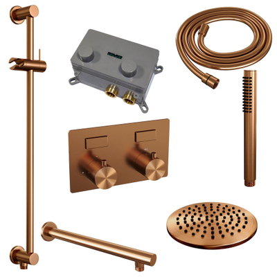 BRAUER Copper Edition Thermostatische Regendouche inbouw - drukknoppen - SET 61 - 20cm hoofddouche - rechte muurarm - staaf handdouche - doucheslang - geïntegreerde glijstang - koper geborsteld PVD