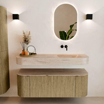 MONDIAZ THOR-DLUX 130cm meuble de salle de bains arrondi gauche + droite couleur Dusk avec 1 tiroir et 2 portes. Vasque suspendue CLOUD Droite sans trou de robinet couleur Saba.