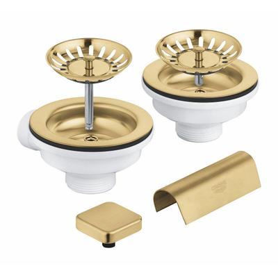 GROHE ensemble de bonde à panier avec commande de vidage - pour 2 éviers - combinaison de trop-plein - élément de recouvrement de trop-plein - bouchon de vidage carré - cool sunrise brossé (or mat)