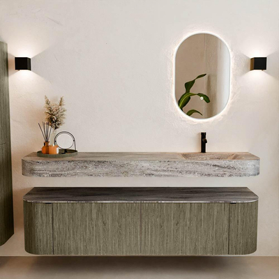 MONDIAZ THOR-DLUX 180cm meuble de salle de bains arrondi gauche + droite couleur Shadow avec 2 tiroirs et 2 portes. Vasque suspendue CLOUD Droite 1 trou de robinet couleur Oza.