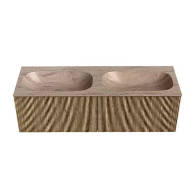 MONDIAZ KURVE-DLUX Meuble de salle de bains 140cm couleur Dusk avec 2 tiroirs et 0 portes. Lavabo STOR SMALL Double 2 trous de robinet Saba.