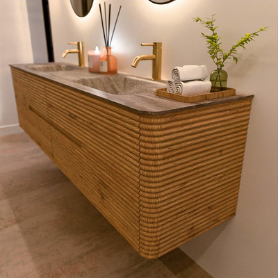 Mondiaz CIRO-DLUX Badkamermeubelset - 190x45x50cm - Solid surface wastafel Oza - 2 wasbak Dubbel - 2 kraangaten - 4 lades - Oak