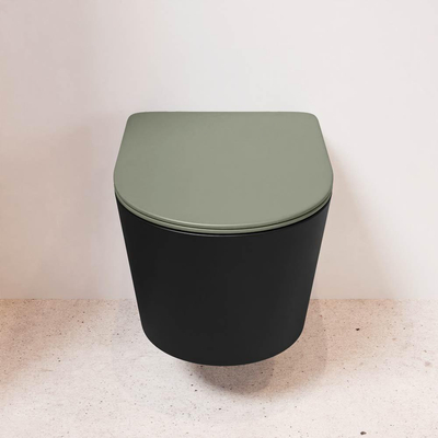 Mondiaz LAVIE WC suspendu – sans bride – 36 x 53 cm – avec abattant softclose – Urban (noir), abattant Army (vert)