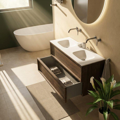 Saniclass Holz Frame Ensemble meuble de salle de bains - 120x45x61.5cm - Vasque Flow en solid surface blanc - 2 vasques - sans trous de robinetterie - 2 tiroirs - chêne charcoal mat (bois)