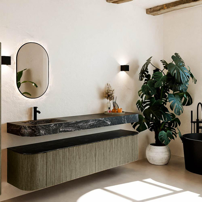 MONDIAZ THOR-DLUX 200cm meuble de salle de bains arrondi gauche + droite couleur Shadow avec 2 tiroirs et 2 portes. Vasque suspendue CLOUD Gauche 1 trou de robinet couleur Lava.