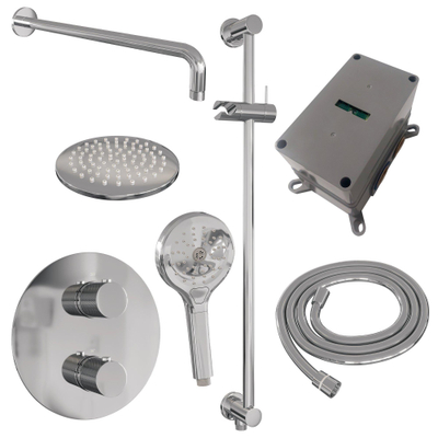 BRAUER Chrome Carving thermostatische Inbouw Regendouche - 3-weg - rond - set 93 - 20cm hoofddouche - gebogen muurarm - 3-standen handdouche - doucheslang - geïntegreerde glijstang - chroom