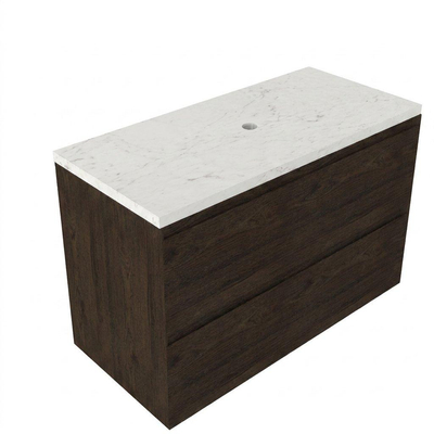 Saniclass Holz Pure Ensemble meuble de salle de bains - 100x45x63cm - Plan vasque en marbre Dia poli (blanc) - sans trou de robinetterie - 2 tiroirs - chêne charcoal mat (bois)