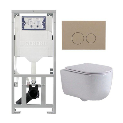 QeramiQ Dely Swirl Ensemble WC - 36.3x51.7cm - réservoir encastré Geberit UP320 - avec cadre Burda - abattant slim - plaque de commande taupe - boutons ronds - blanc mat