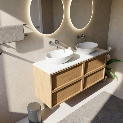 Saniclass Holz Frame Ensemble meuble de salle de bains - 140x45x62.5cm - plan de travail Torino en solid surface blanc - sans trou de robinet - 4 tiroirs - chêne natural mat (bois)