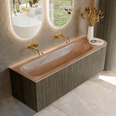 MONDIAZ KURVE-DLUX Meuble de salle de bains 145cm arrondi à droite couleur Shadow avec 1 tiroir et 1 porte. Vasque BIG LARGE à gauche sans trou de robinet Saba.
