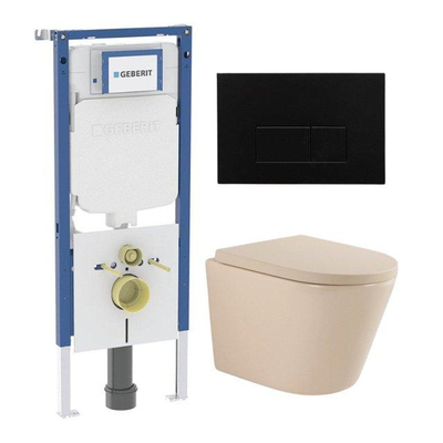 QeramiQ Dely Toiletset - 36.3x51.7cm - diepspoel - rimless - Geberit UP720 inbouwreservoir - softclose toilet zitting 35 mm - kunstof mat zwarte bedieningsplaat - rechthoekige knoppen - mat beige