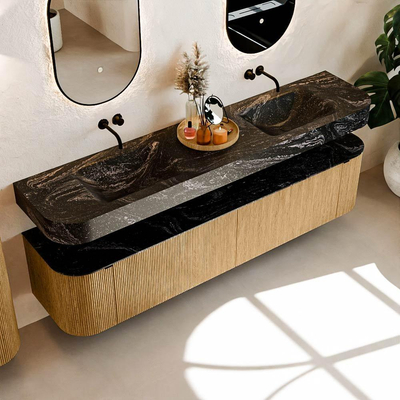 MONDIAZ THOR-DLUX 200cm meuble de salle de bains arrondi gauche + droite couleur Chêne avec 2 tiroirs et 2 portes. Vasque suspendue CLOUD Double sans trou de robinet couleur Lava.