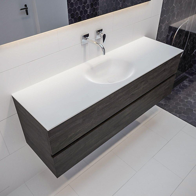 Mondiaz VICA Ensemble de meuble de salle de bain - 150cm - meuble sous-vasque marron foncé - 2 tiroirs - lavabo Moon milieu - sans trous de robinet - version XL 60cm haut