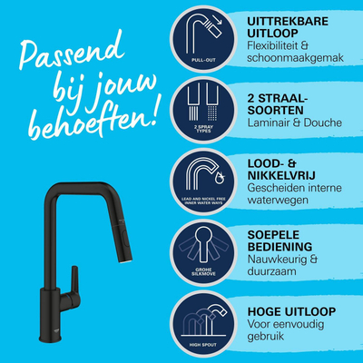 Grohe Start QuickFix Keukenkraan - met uittrekbare handdouche - met dual spray - voorsprong 22.1cm - matte black (mat zwart)