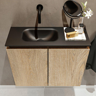 MONDIAZ TURE Fonteinset - 60x23x50cm - 0 kraangaten - 2 deuren - washed oak mat - Wasbak links - Solid Surface Zwart