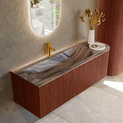 MONDIAZ KURVE-DLUX 135cm badmeubel ronding Rechts kleur Ruby met 1 lade en 1 deur. Wastafel BIG MEDIUM Links 1 kraangat Sombra.