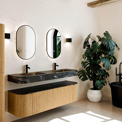 MONDIAZ THOR-DLUX 160cm meuble de salle de bains arrondi gauche + droite couleur Oak avec 1 tiroir et 2 portes. Vasque suspendue CLOUD Double 2 trous de robinet couleur Lava.