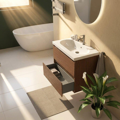Saniclass Holz Pure Ensemble meuble de salle de bains - 80x45x63.5cm - lavabo Palermo en céramique blanc - 1 vasque - 1 trou de robinetterie - 2 tiroirs - mat walnut pure (bois)