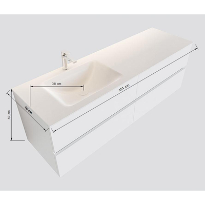 Mondiaz VICA ensemble de meuble de salle de bain - 150cm - meuble sous lavabo armée - 4 tiroirs - lavabo lune gauche - sans trou de robinet XL version 60cm haut