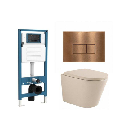 QeramiQ Dely Ensemble de toilette - réservoir encastré Qeramiq Flush - abattant 35mm - plaque de commande en métal cuivre - boutons rectangulaires - beige