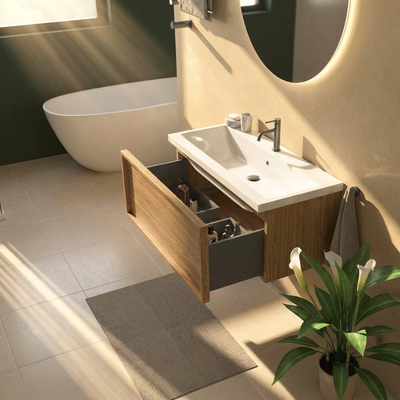 Saniclass Holz Frame Ensemble meuble de salle de bains - 100x45x43.5cm - Bari lavabo en céramique blanc - 1 vasque - 1 trou de robinetterie - 1 tiroir - chêne natural mat (bois)