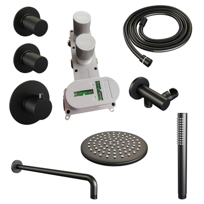 Brauer Black Carving Ensemble de douche de tête encastré - douche de tête 20cm - bras mural - avec élément encastré - 3 boutons Carving - douchette barre 1 jet - noir mat