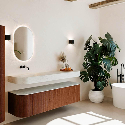 MONDIAZ THOR-DLUX 170cm meuble de salle de bains arrondi gauche + droite couleur Ruby avec 1 tiroir et 2 portes. Vasque suspendue CLOUD Gauche sans trou de robinet couleur Opalo.