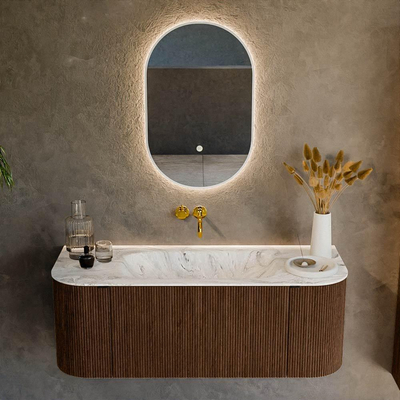 MONDIAZ KURVE-DLUX 120cm badmeubel met module 25 Len R kleur Walnut met 1 lade en 2 deuren. Wastafel BIG SMALL midden zonder kraangat kleur Glace.