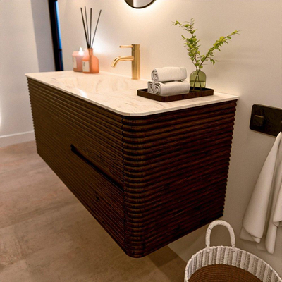 Mondiaz CIRO-DLUX Ensemble de meubles de salle de bains - 120x45x50cm - Vasque solid surface Ostra - 1 bassin au milieu - 1 trou de robinet - 2 tiroirs - Noyer