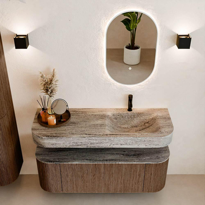 MONDIAZ THOR-DLUX 130cm badmeubel ronding links + rechts kleur Walnut met 1 lade en 2 deuren. Vrijhangende wastafel CLOUD Rechts 1 kraangat kleur Oza.