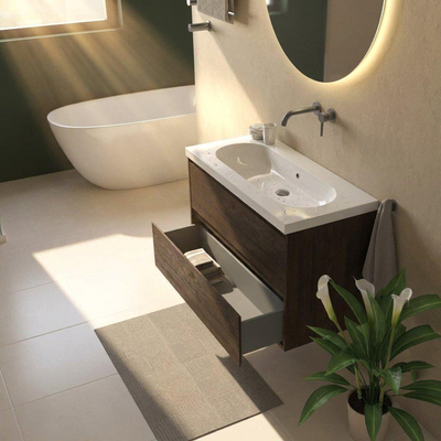 Saniclass Holz Pure Ensemble meuble de salle de bains - 100x45x63.5cm - lavabo Palermo en céramique blanc - 1 vasque - sans trou de robinetterie - 2 tiroirs - chêne charcoal mat (bois)