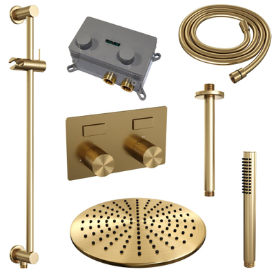 Brauer Gold Carving douche thermostatique à effet pluie avec bouton poussoir 66 30cm bras de douche au plafond barre de douche à main flexible de douche intégré barre coulissante pvd brossé doré