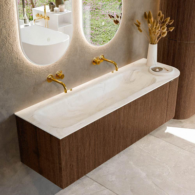 MONDIAZ KURVE-DLUX 145cm badmeubel met module 25 R kleur Walnut met 1 lade en 1 deur. Wastafel BIG LARGE links zonder kraangat kleur Ostra.