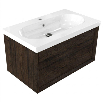 Saniclass Holz Frame Ensemble de meubles de salle de bains - 80x45x43.5cm - Lavabo en céramique Palermo blanc - 1 vasque - 1 trou de robinet - 1 tiroir - chêne charcoal mat (bois)
