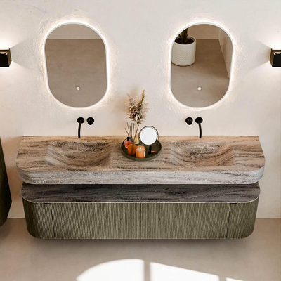 MONDIAZ THOR-DLUX 190cm meuble de salle de bains arrondi gauche + droite couleur Shadow avec 2 tiroirs et 2 portes. Vasque suspendue CLOUD Double sans trou de robinet couleur Oza.