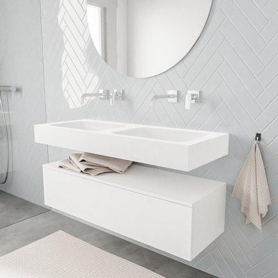 MONDIAZ ALAN 120cm - meuble bas - 1 tiroir - lavabo suspendu - 2 vasques - 0 trous de robinet - talc