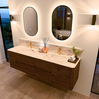 Mondiaz CIRO-DLUX Badkamermeubelset - 180x45x50cm - Solid surface wastafel Nata - 2 wasbak Dubbel - 2 kraangaten - 4 lades - Dusk