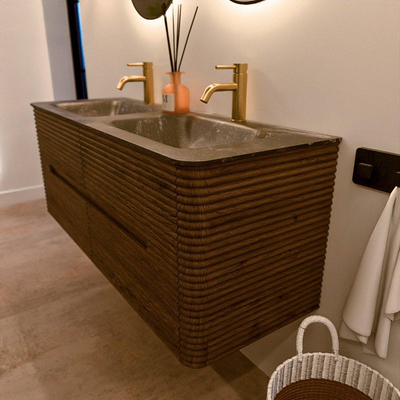 Mondiaz CIRO-DLUX Badkamermeubelset - 130x45x50cm - Solid surface wastafel Lava - 2 wasbak Dubbel - 2 kraangaten - 4 lades - Dusk