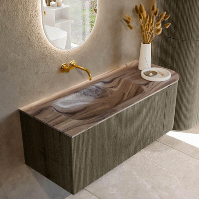MONDIAZ KURVE-DLUX Meuble de salle de bains 115 cm arrondi à droite couleur Shadow avec 1 tiroir et 1 porte. Lavabo BIG SMALL à gauche sans trou de robinet Sombra.