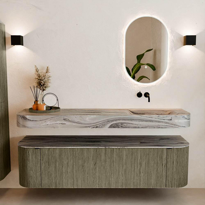 MONDIAZ THOR-DLUX Meuble de salle de bains 170cm arrondi gauche + droite couleur Shadow avec 1 tiroir et 2 portes. Vasque suspendue CLOUD Droite sans trou de robinet couleur Sombra.